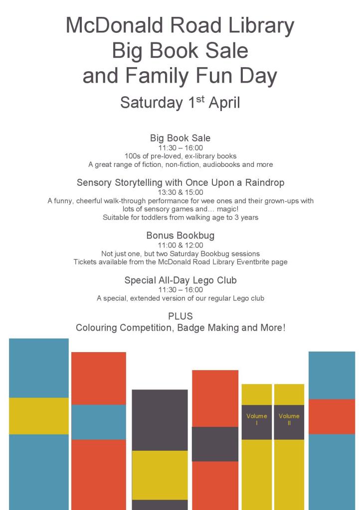 Poster for McDonald Road Library Big Book Sale and Family Fun Day on Saturday 1 April.