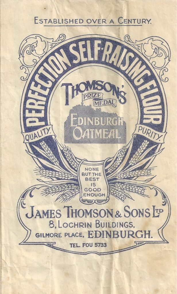 A self-raising flour bag from James Thomson and Sons of Lochrin Buildings is decorated with an Edinburgh skyline logo and ears of wheat.