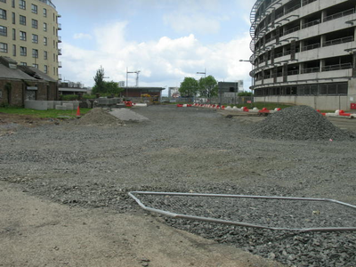 View of curved road closed for construction at Ocean Terminal