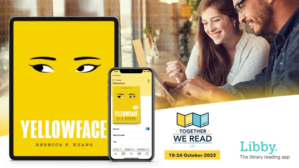 An advertising image for the Together We Read promotion (10-24 October 2023) featuring the ebook Yellowface on a tablet and the audiobook on a phone.