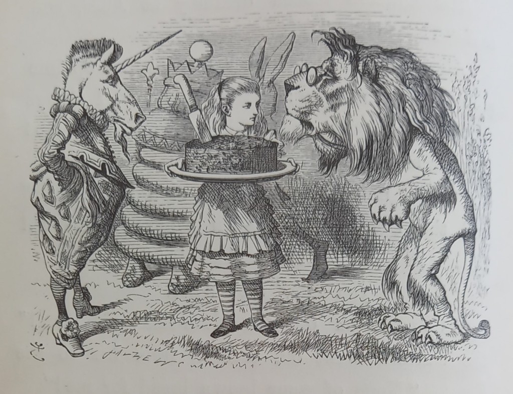 An illustration by John Tenniel of a unicorn and a lion standing either side of Alice who is holding a large pie or cake.