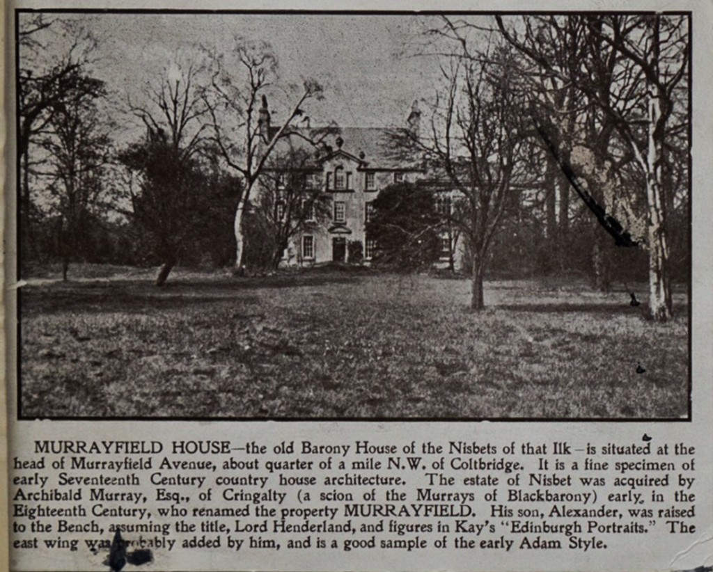 Murrayfield House, a large detached property stands in wooded grounds. Beneath the black and white photograph are historical notes about the house. 