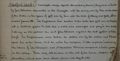 A section of handwriting on lined paper about Golfer's Land in the Canongate.