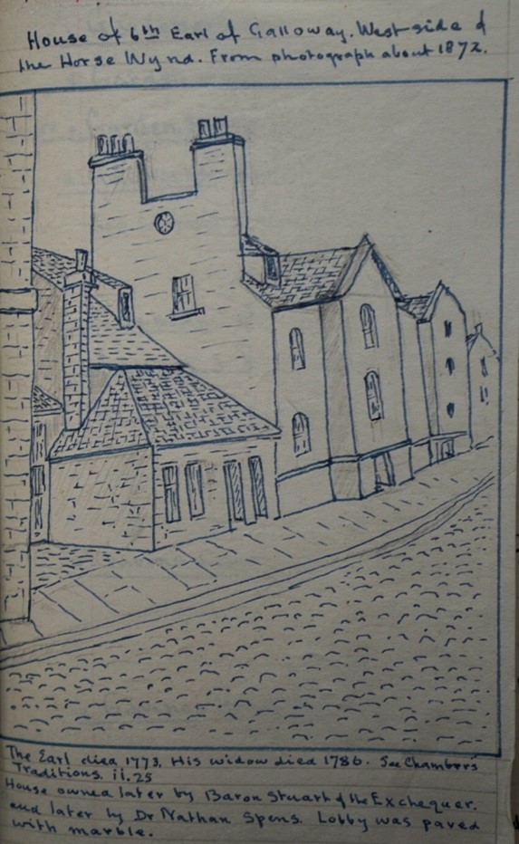 A line sketch in blue ink of an old building in a cobbled street.