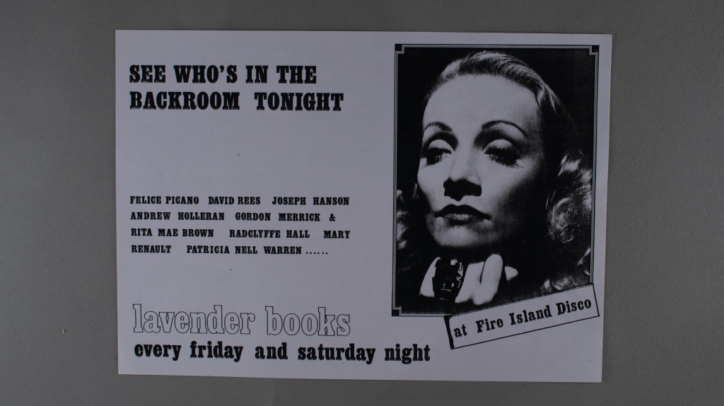 A poster for Lavender Books at Fire Island Disco features a picture of Marlene Dietrich.