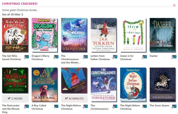 Picture of the book covers in the children's Christmas Crackers ebooka nd audiobook collection on Libby