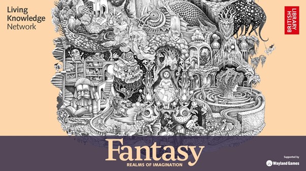 The promotional image for Fantasy, Realms of Imagination features a highly detailed black and white illustration incorporating many figures, creatures and fantastical elements. 