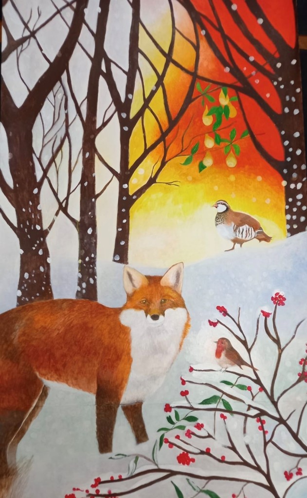 A wintry woodland scene with a partridge under a pear tree and in the foreground, a fox.