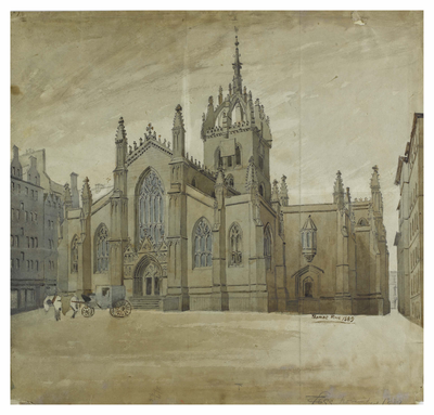 A monotone watercolour painting of St Giles Cathedral in Edinburgh. 