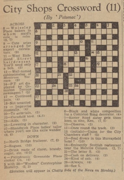 Clipping of a crossword from the Edinburgh Evening News from January 1954.