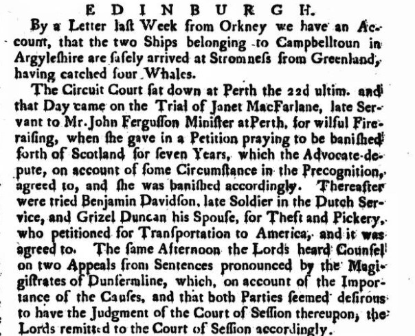 Newspaper cutting from the Edinburgh Courant, from October 1750.