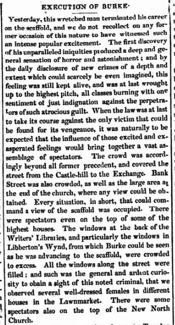 Article from the Edinburgh Evening Courant, entitled, Execution of Burke from January 1829.
