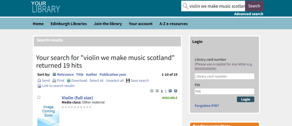 Screen grab of the Your Library website and a library catalogue search for violins. 