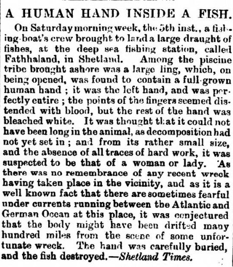 Press cutting from the Edinburgh Evening News from July 1873, with an article entitled, "A human hand inside a fish".