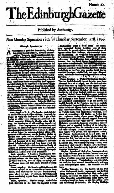 Press cutting from The Edinburgh Gazette printed in September 1699.