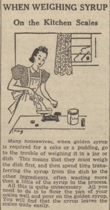 Article from the Edinburgh Evening News from March 1939, entitled "When weighing syrup on the kitchen scales".