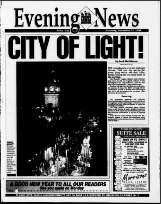 Edinburgh Evening News front cover from 31 December 1994.