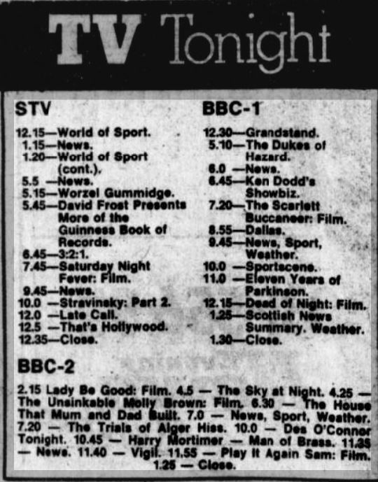 Newspaper clipping gives TV listings for 3 TV channels on 10 April 1982.