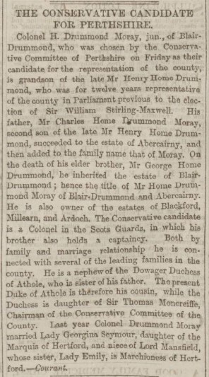 Newspaper clipping from the Dundee Evening Telegraph entitled, "The Conservative Candidate for Perthshire" taken from the British Newspaper Archive.