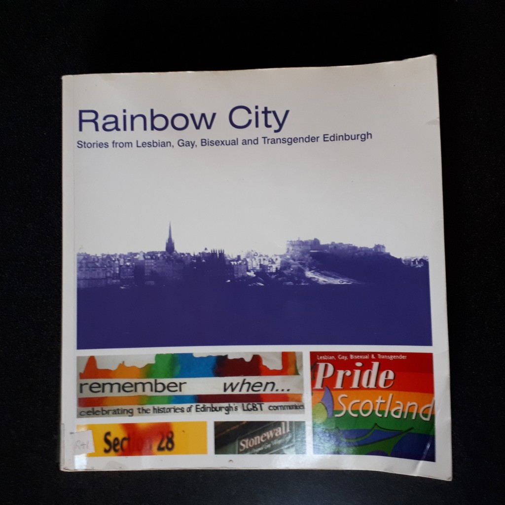 Front cover of the book Rainbow City shows the Old Town skyline of Edinburgh above rainbow logos. 