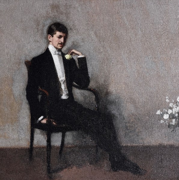 A painting of a man wearing evening dress with a white waistcoat and white bow tie sitting on a chair. 