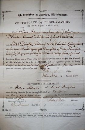 A certificate of proclamation and marriage from St Cuthbert's Parish, Edinburgh.