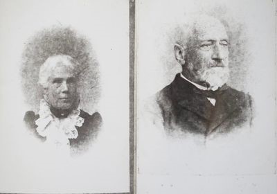 Two individual studio portraits of an elderly woman and man placed side by side.