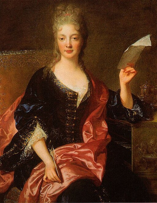 A painting of a woman in a dark coloured dress and pink silk shawl sitting in an armchair and holding a piece of paper.