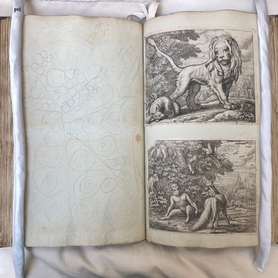 An opened book showing two black and white engravings on the right hand page.