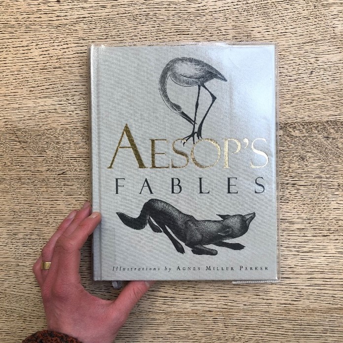 The front cover of Aesop's Fables illustrated by Agnes Miller Parker features a fox and a stork. 