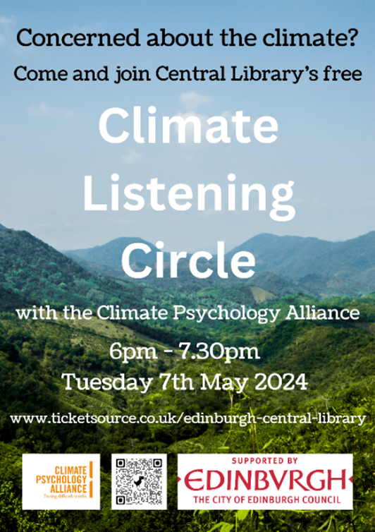 Poster for Central Library's Climate Listening Circle features a photograph of a green hilly landscape and blue sky.
