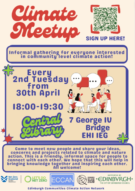 Poster for the Climate Meetup group at Central Library, features a graphic of people talking.