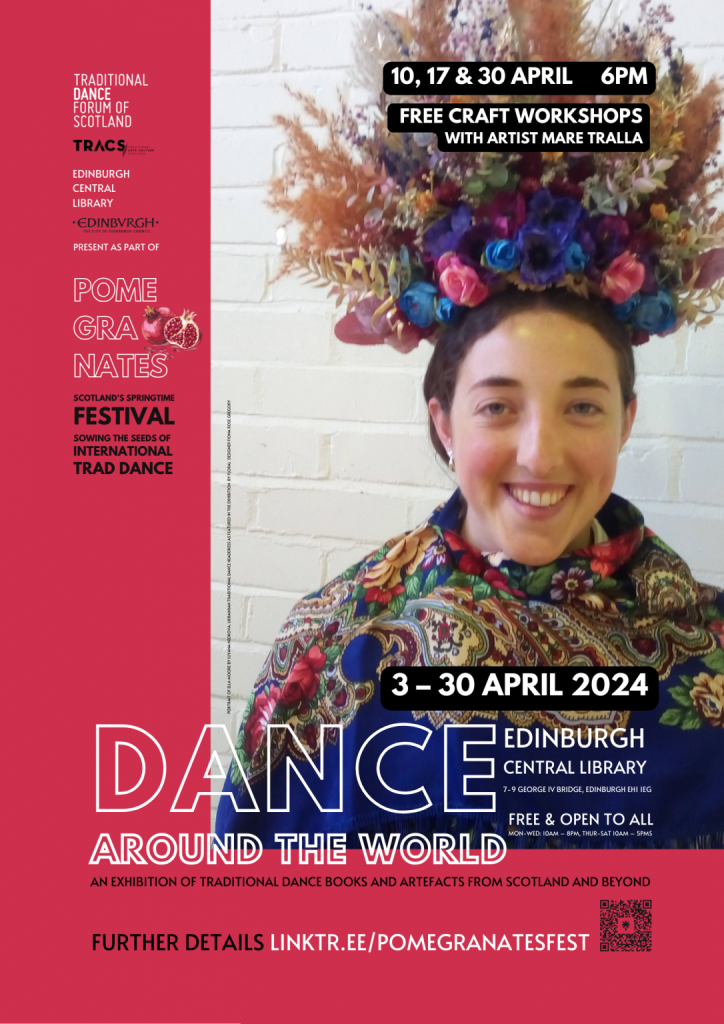 Poster for the Dance Around the World exhibition features a portrait of a woman wearing a colourful scarf and elaborate flower headdress.