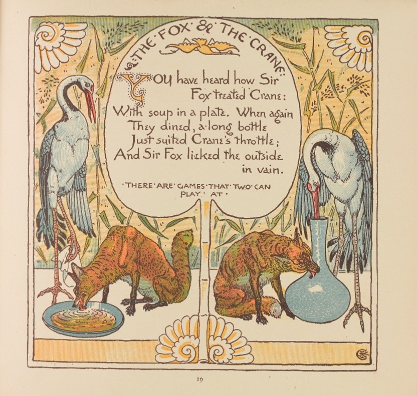 An illustration by Walter Crane depicts The Fox and the Crane story in two almost mirrored images.