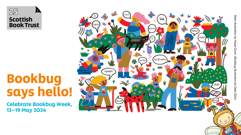An illustration of lots of different people and children saying hello in different languages is the Bookbug Week 2024 promotional image.